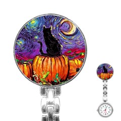 Halloween Art Starry Night Hallows Eve Black Cat Pumpkin Stainless Steel Nurses Watch by Modalart