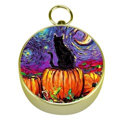 Halloween Art Starry Night Hallows Eve Black Cat Pumpkin Gold Compasses by Modalart