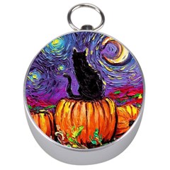 Halloween Art Starry Night Hallows Eve Black Cat Pumpkin Silver Compasses by Modalart