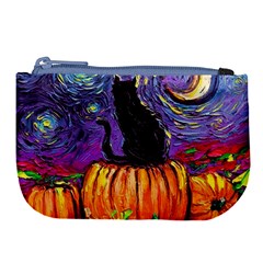 Halloween Art Starry Night Hallows Eve Black Cat Pumpkin Large Coin Purse by Modalart