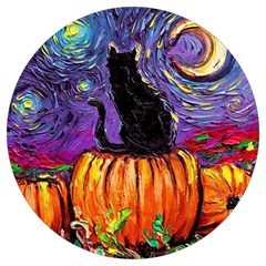 Halloween Art Starry Night Hallows Eve Black Cat Pumpkin Round Trivet by Modalart