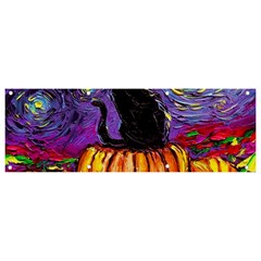 Halloween Art Starry Night Hallows Eve Black Cat Pumpkin Banner And Sign 9  X 3  by Modalart