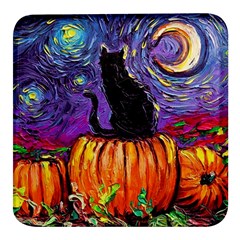 Halloween Art Starry Night Hallows Eve Black Cat Pumpkin Square Glass Fridge Magnet (4 Pack) by Modalart