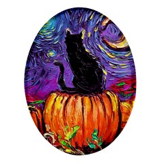 Halloween Art Starry Night Hallows Eve Black Cat Pumpkin Oval Glass Fridge Magnet (4 Pack) by Modalart