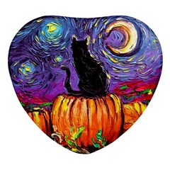 Halloween Art Starry Night Hallows Eve Black Cat Pumpkin Heart Glass Fridge Magnet (4 Pack) by Modalart