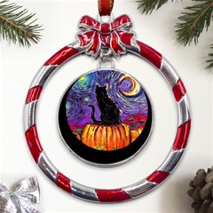 Halloween Art Starry Night Hallows Eve Black Cat Pumpkin Metal Red Ribbon Round Ornament by Modalart