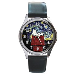 Cartoon Dog House Van Gogh Round Metal Watch by Modalart