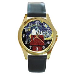 Cartoon Dog House Van Gogh Round Gold Metal Watch by Modalart