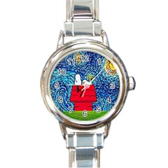 Cartoon Dog Starry Night Van Gogh Parody Round Italian Charm Watch by Modalart