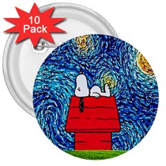 Cartoon Dog Starry Night Van Gogh Parody 3  Buttons (10 Pack)  by Modalart