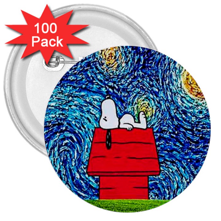 Cartoon Dog Starry Night Van Gogh Parody 3  Buttons (100 pack) 