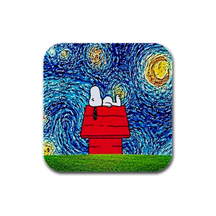 Cartoon Dog Starry Night Van Gogh Parody Rubber Square Coaster (4 pack)