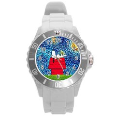 Cartoon Dog Starry Night Van Gogh Parody Round Plastic Sport Watch (l) by Modalart