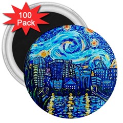 Starry Night Van Gogh Painting Art City Scape 3  Magnets (100 Pack) by Modalart