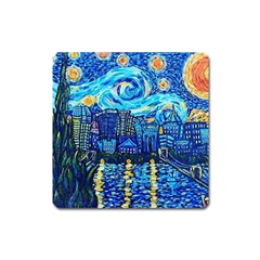 Starry Night Van Gogh Painting Art City Scape Square Magnet by Modalart