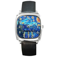 Starry Night Van Gogh Painting Art City Scape Square Metal Watch by Modalart