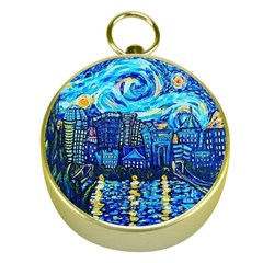 Starry Night Van Gogh Painting Art City Scape Gold Compasses by Modalart