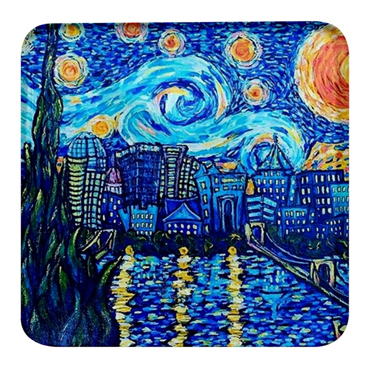 Starry Night Van Gogh Painting Art City Scape Square Glass Fridge Magnet (4 pack)