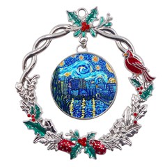 Starry Night Van Gogh Painting Art City Scape Metal X mas Wreath Holly Leaf Ornament by Modalart