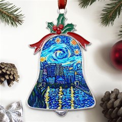 Starry Night Van Gogh Painting Art City Scape Metal Holly Leaf Bell Ornament by Modalart