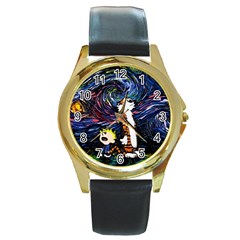 Cartoon Art Starry Night Van Gogh Round Gold Metal Watch by Modalart