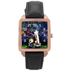 Cartoon Art Starry Night Van Gogh Rose Gold Leather Watch  by Modalart