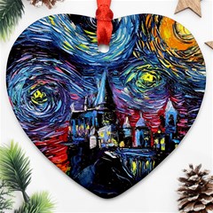 Castle Hogwarts Starry Night Print Van Gogh Parody Heart Ornament (two Sides) by Modalart