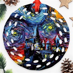 Castle Hogwarts Starry Night Print Van Gogh Parody Ornament (round Filigree) by Modalart