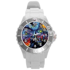 Castle Hogwarts Starry Night Print Van Gogh Parody Round Plastic Sport Watch (l) by Modalart