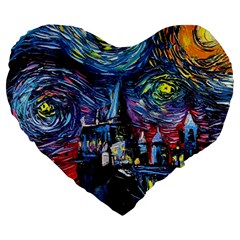 Castle Hogwarts Starry Night Print Van Gogh Parody Large 19  Premium Heart Shape Cushions by Modalart