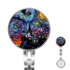 Castle Hogwarts Starry Night Print Van Gogh Parody Stainless Steel Nurses Watch by Modalart