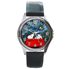 Dog House Vincent Van Gogh s Starry Night Parody Round Metal Watch by Modalart