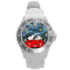 Dog House Vincent Van Gogh s Starry Night Parody Round Plastic Sport Watch (l) by Modalart