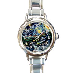 The Great Wall Nature Painting Starry Night Van Gogh Round Italian Charm Watch by Modalart