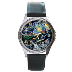 The Great Wall Nature Painting Starry Night Van Gogh Round Metal Watch by Modalart