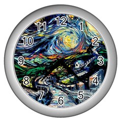 The Great Wall Nature Painting Starry Night Van Gogh Wall Clock (silver) by Modalart