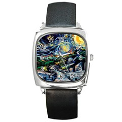 The Great Wall Nature Painting Starry Night Van Gogh Square Metal Watch by Modalart