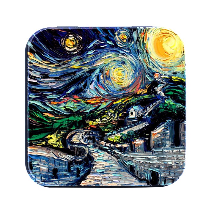 The Great Wall Nature Painting Starry Night Van Gogh Square Metal Box (Black)