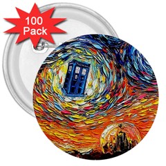 Tardis Starry Night Doctor Who Van Gogh Parody 3  Buttons (100 Pack)  by Modalart