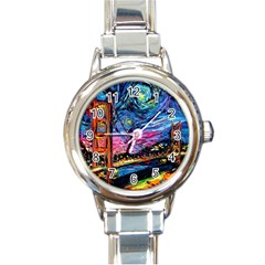 Golden Gate Bridge Starry Night Vincent Van Gogh Round Italian Charm Watch by Modalart