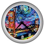 Golden Gate Bridge Starry Night Vincent Van Gogh Wall Clock (Silver) Front