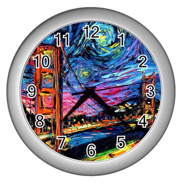 Golden Gate Bridge Starry Night Vincent Van Gogh Wall Clock (Silver)