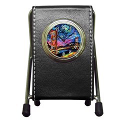 Golden Gate Bridge Starry Night Vincent Van Gogh Pen Holder Desk Clock by Modalart