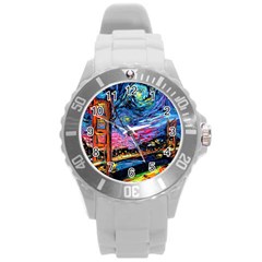 Golden Gate Bridge Starry Night Vincent Van Gogh Round Plastic Sport Watch (l) by Modalart