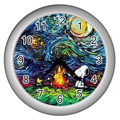 Dog Cartoon Starry Night Print Van Gogh Parody Wall Clock (silver) by Modalart