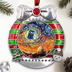 Tardis Starry Night Doctor Who Van Gogh Parody Metal X mas Ribbon With Red Crystal Round Ornament by Modalart