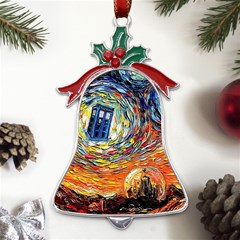 Tardis Starry Night Doctor Who Van Gogh Parody Metal Holly Leaf Bell Ornament by Modalart