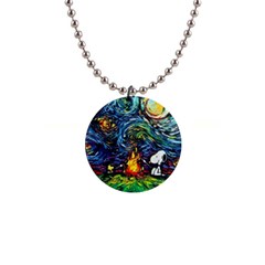 Dog Cartoon Starry Night Print Van Gogh Parody 1  Button Necklace by Modalart