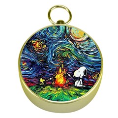 Dog Cartoon Starry Night Print Van Gogh Parody Gold Compasses by Modalart