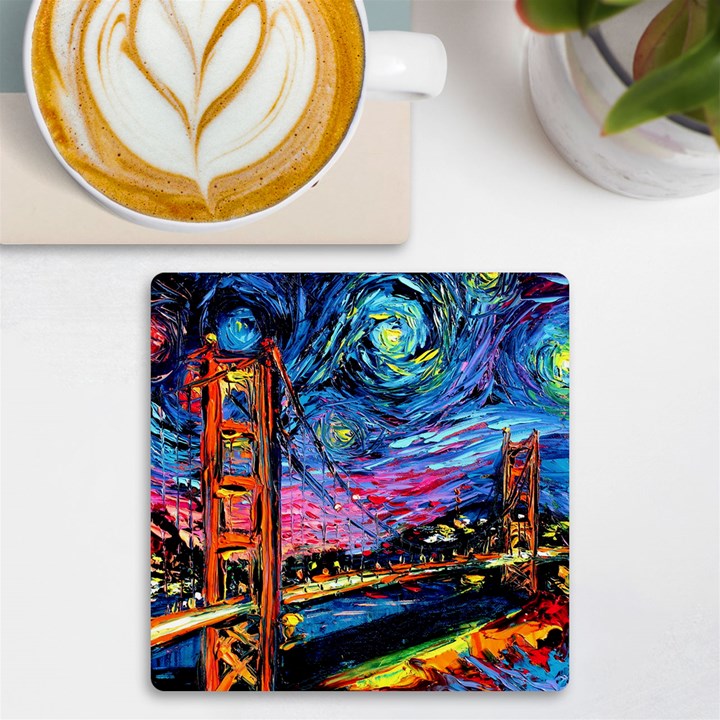 Golden Gate Bridge Starry Night Vincent Van Gogh UV Print Square Tile Coaster 